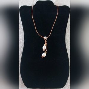 Handmade Metallic Orange Leather And White & Gold Pearl Dangle Necklace